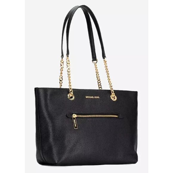 New Michael Kors Jet Set Medium Front Zip Chain Tote Pebble Leather Black - Picture 2 of 3
